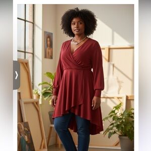 SHEIN CURVE LONG SLEEVES FAUX WRAP BLOUSE WOMEN’S SIZE 4XL NWOT. BURGUNDY.
